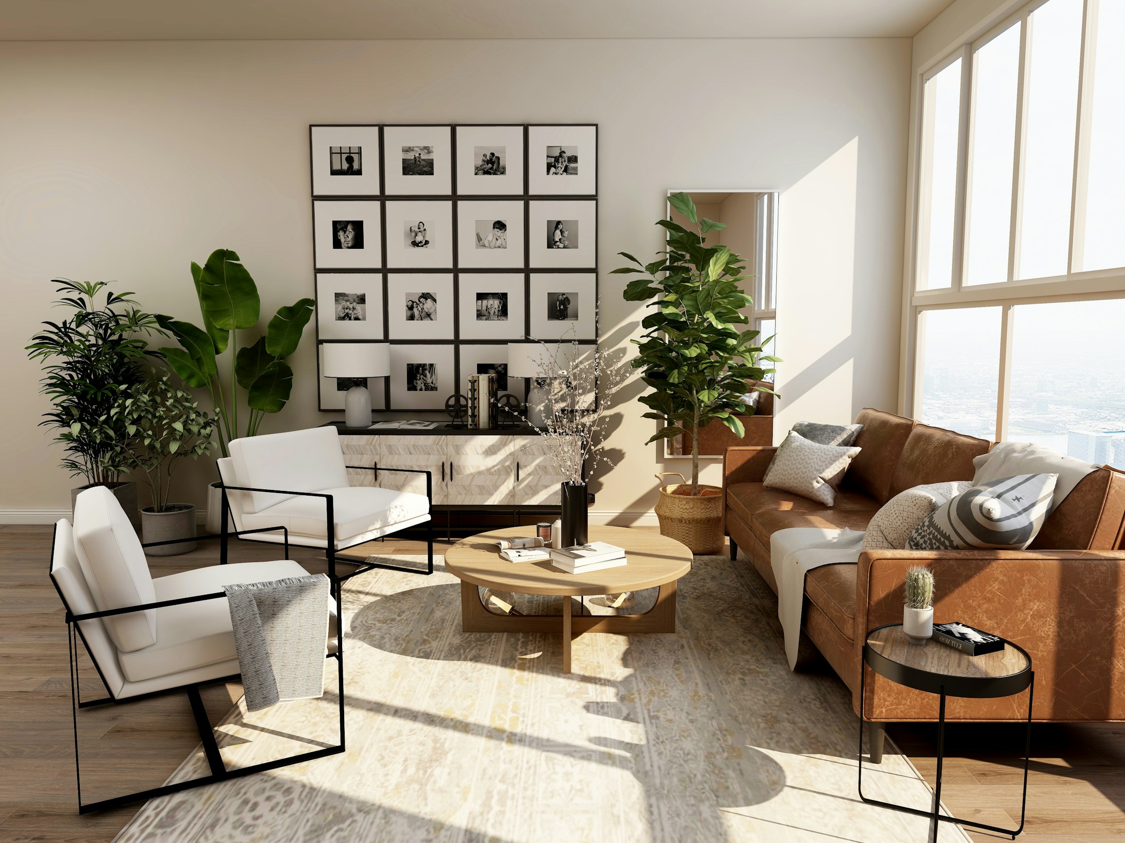 A bright living room with expansive windows, a sofa, and natural daylight